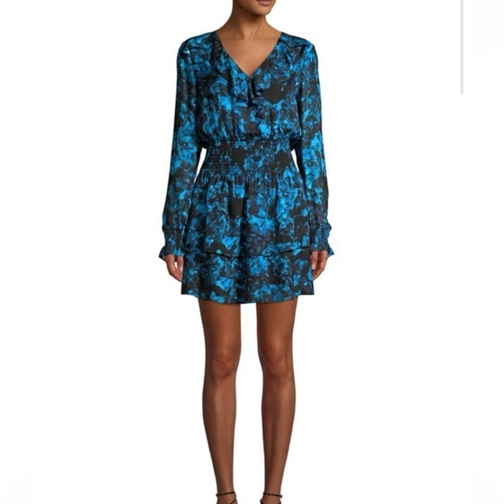 PARKER Women Blue Black Maisy Silk Blend Floral Blouson Dress Size Large - Picture 2 of 10